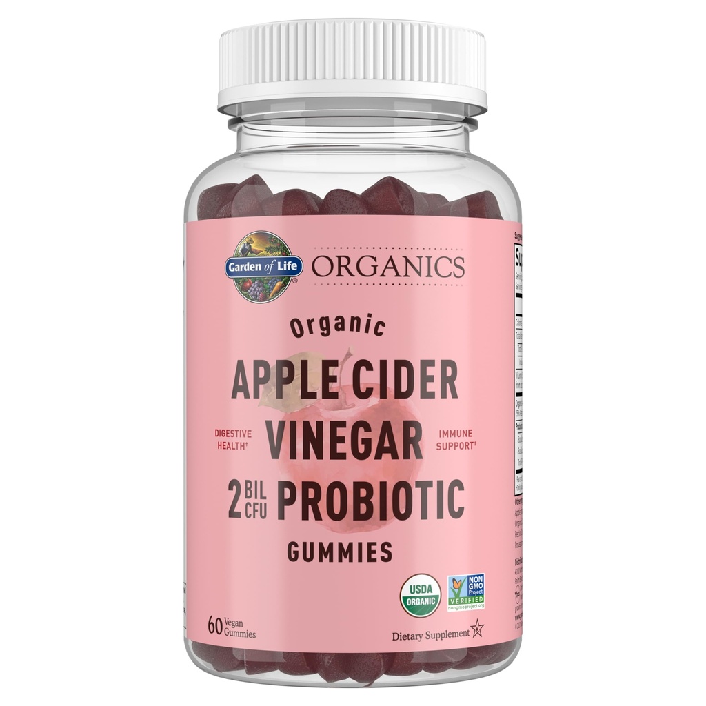 Jardin de la vie Vinaigre de pomme Gommies probiotiques USDA Vitamines Gommy de vinaigre de pomme, 2 milliards d'UFC, Vitamine B12-60 Vegan, Gommies non OGM pour la digestion et l'immunité