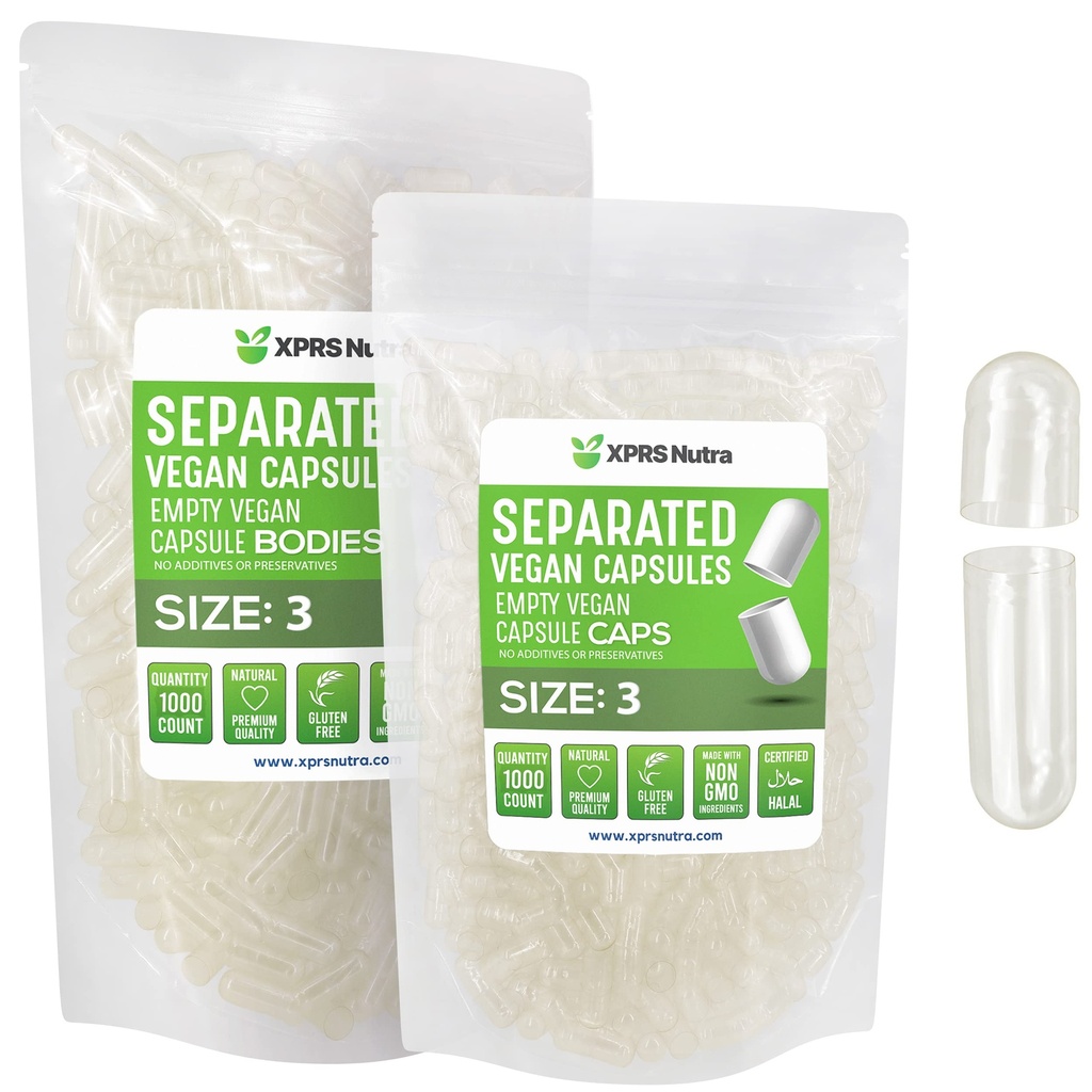 XPRS Nutra Vegan Maat 3 Gescheiden Capsules- 1000 Tel Premium Lege Caps gescheiden in zakken - Heldere Lege Capsules - Pillen voor DIY supplement vullen