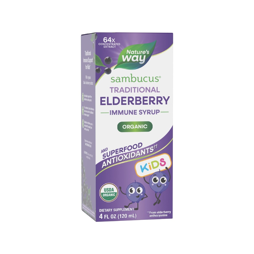 Nature's Way Sambucus Vlierbes Traditionele Immune Stroop voor leeftijden 1+, Traditionele Immune Support*, Antioxidant Support*, Zwarte Vlierbes Extract, USDA Certified Organic, 4 Fl Oz