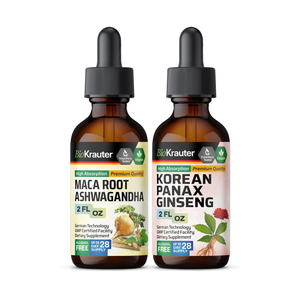 BIO KRAUTER Maca Root Ashwagandha Tinctuur 2 Fl. Oz. & Korean Panax Ginseng Tinctuur 2 Fl. Oz.