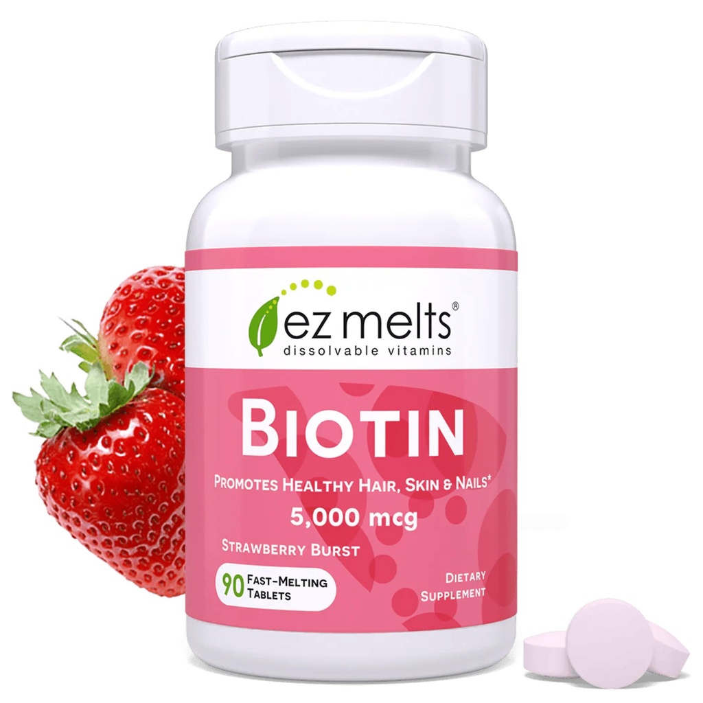 EZ Melts Dissolvable Biotin 5.000 mcg, Hair, Skin & Nail Support, Sugar-Free, 3-maand levering - 1 Pack