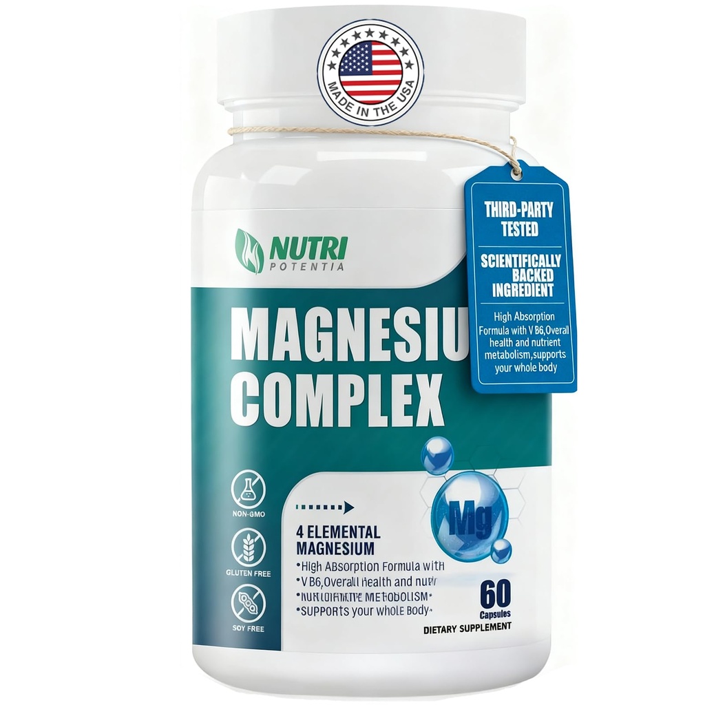 Supplément complexe de magnésium 500 mg- Suppléments minéraux de magnésium, Glycinat de magnésium, Citrate, Malate, Taurat avec B6 - Soutien des os, du coeur, des muscles et du système nerveux - 60 capsules
