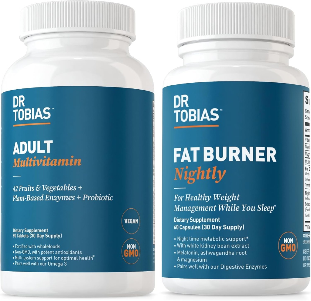 Dr. Tobias Fat Burner Nightly & Adult Multivitamine Ondersteunt Energie, Immuniteit & Metabolisme met Ashwagandha. 42 Groenten en fruit met probiotica, Green Coffee Bean Extract, Non-GMO, 30 dagen levering