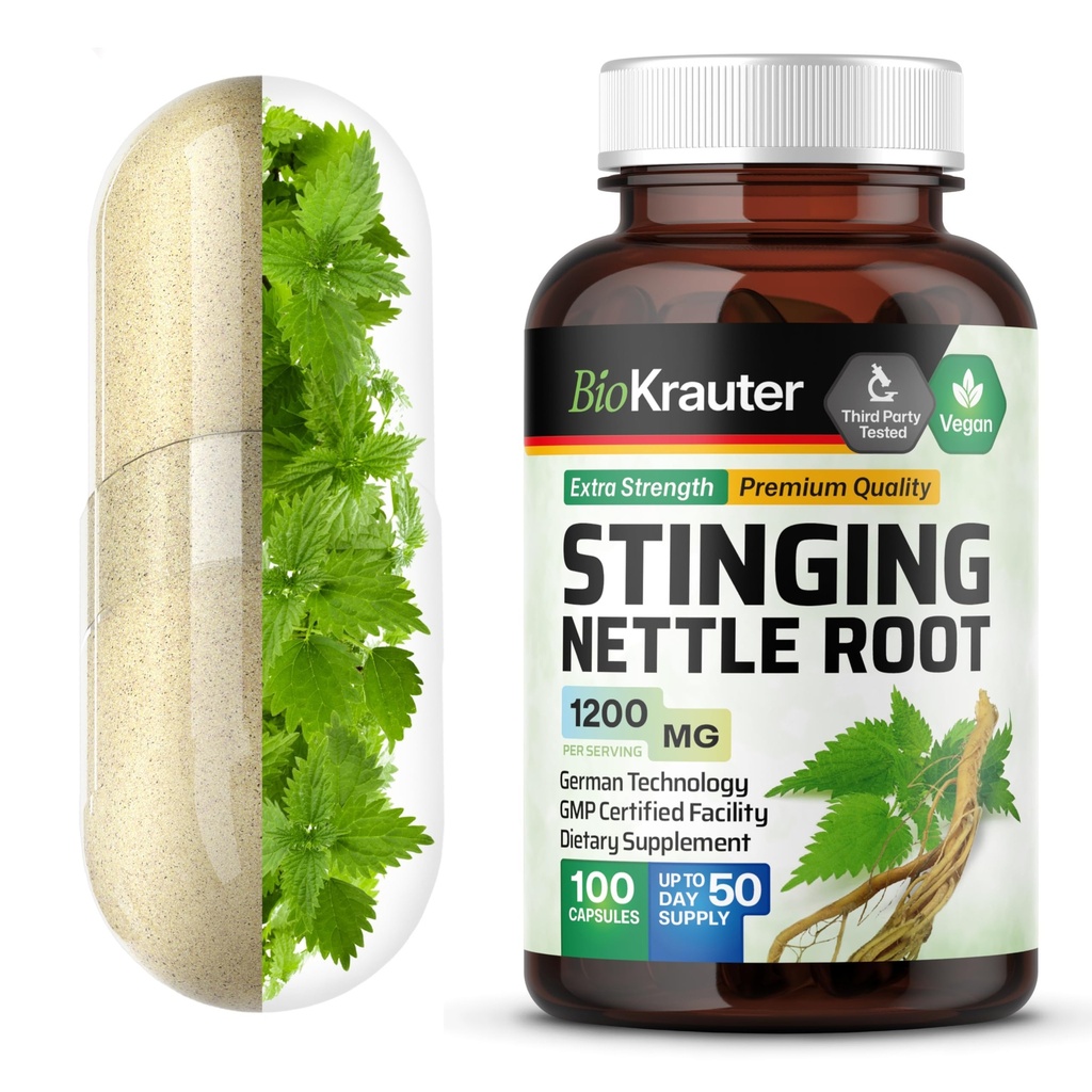 BIO KRAUTER Stingerende Nettle Capsules 1200 mg - 100 Natuurlijke urinetrek & algemene ondersteuningscaps - Brandnetelwortelpoeder (Urtica Dioica) - Niet GGO