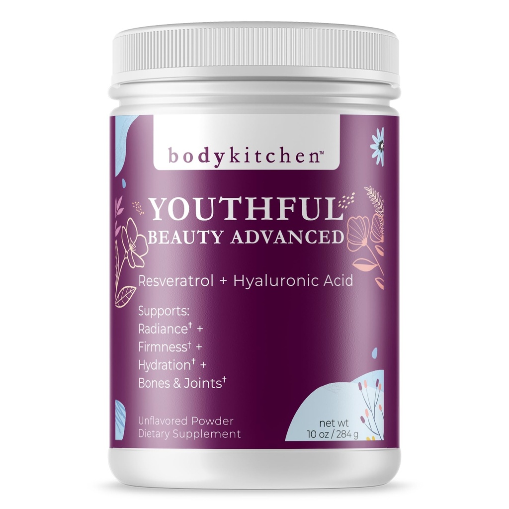 Body Kitchen Youthful Beauty Advanced, Collageen Peptides Powder for Beautiful Hair Skin Nails, Resveratrol en Hyaluronic Acid for Anti-Aging & Antioxidant Support, Grass Fed (pack of 1)