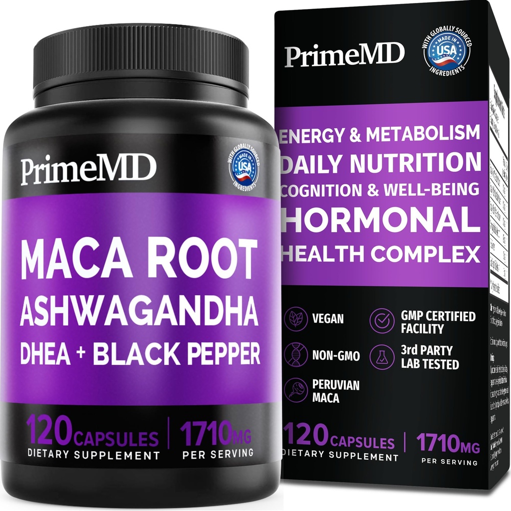 6-in-1 Biologische Maca Root Ashwagandha Capsules 1710mg met DHEA en Black Pepper Fruit Extract voor vrouwen en mannen - Black Maca Supplement voor uithoudingsvermogen, bot en Mood Ondersteuning Supplement, 120 telling