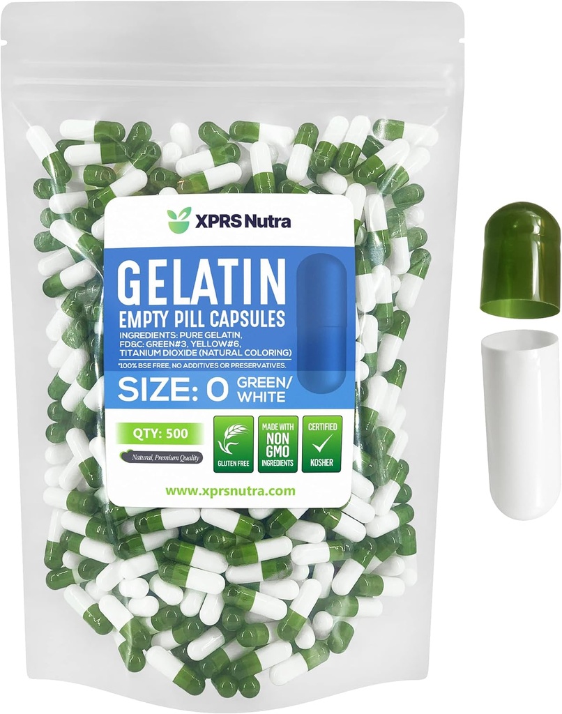 XPRS Nutra Formaat 0 Lege capsules - 500 Telle Lege Gelatine Capsules - Pillen DIY Capsule Vulling - Pure Bovine Pill Gel Caps for Do-It-Yourself Supplements (Groen/Wit)