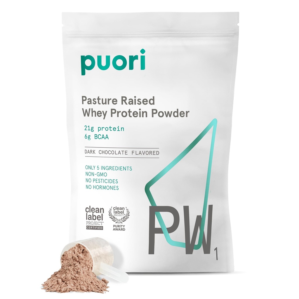 Puori Whey Protein Powder, Dark Chocolate - PW1 Pasture-Raised, Grass-Fed Wei Proteine Powder Drink Mix met BCAA Aminozuren - Post-workout Supplement voor spier Gain & Recovery - 30 porties