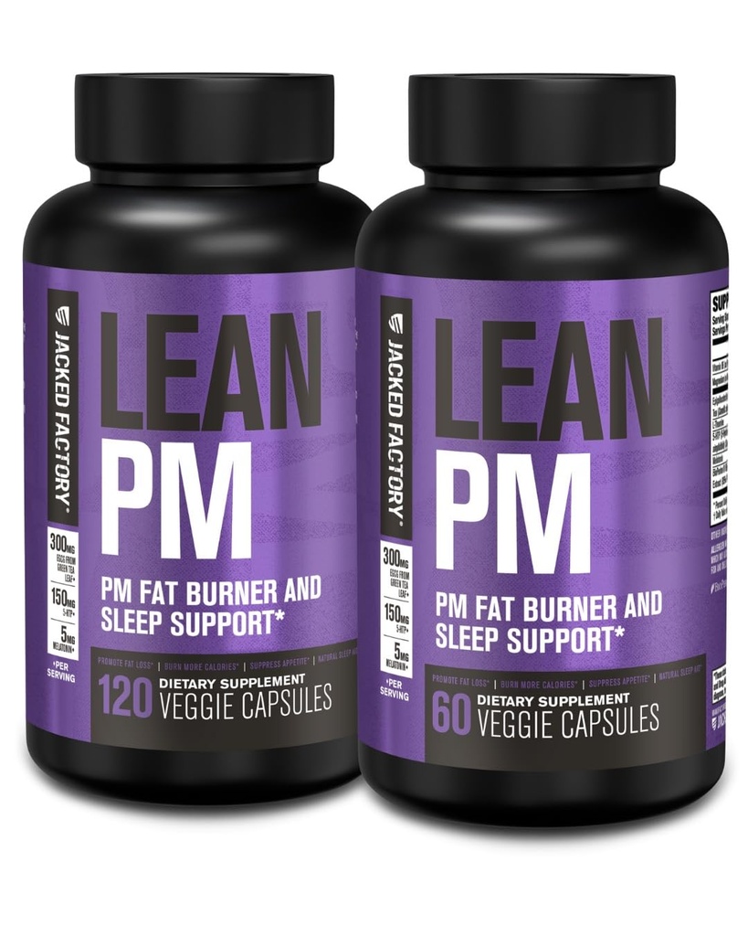 Jacked Factory Lean PM Night Time Fat Burner, Supplément d'aide au sommeil, & Suppresseur de l'appétit pour les hommes et les femmes - 180 pilules de perte de poids sans stimulant
