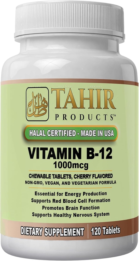 Tahir Halal Vitamine B12 1000 mcg: Boosts Energy, Metabolisme & Zenuwstelsel Gezondheid. Vegan & Vegetarisch, Dairy-Free, 120 kauwtabletten. Made in USA - Certified Halal.