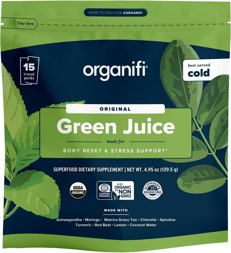 Organifi: GO Packs - Green Juice - Organic Superfood Supplement Powder - 15 Travel Packs - Organic Vegan Greens - Hydrates and Revitalises
