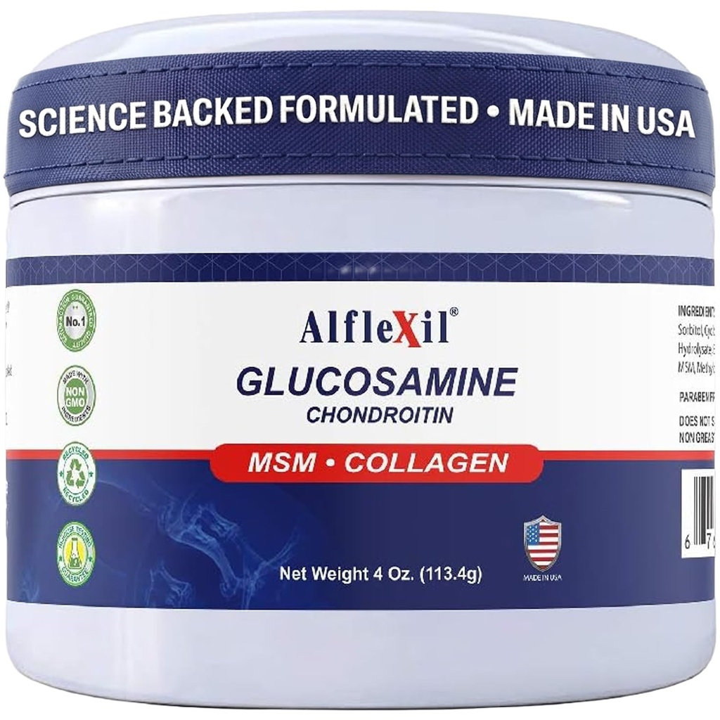 ALFA VITAMINS Alflexil Glucosamine Plus Chondroitin Cream met MSM & Collageen, ondersteunt gezonde gewrichten, gewrichts- en spierpijnverlichting, verbetert de mobiliteit, snelle absorptie en vochtinbrengende huid, 4 Oz.