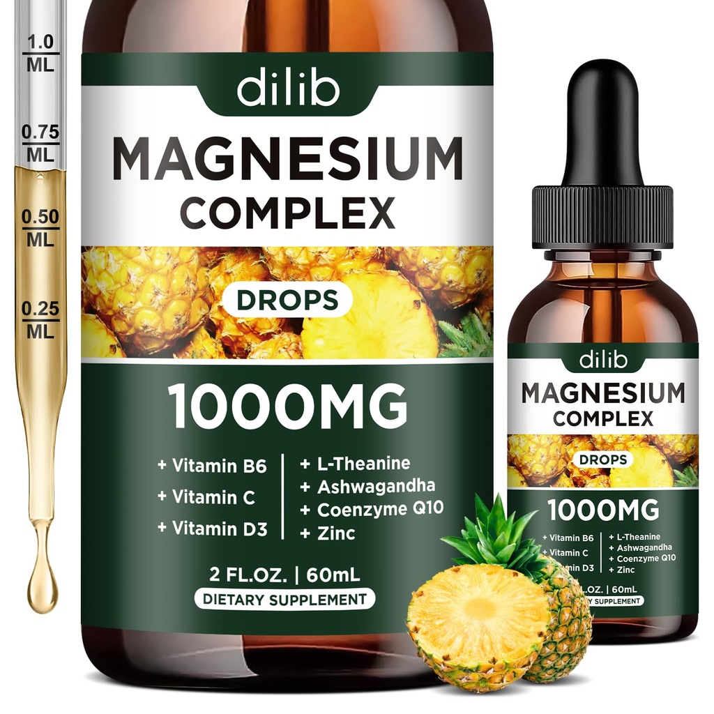 Triple Magnesium Complex Supplement, Magnesium Glycinate, Blend, Citrate Liquid Drops 1000mg met Ashwagandha, CoQ10, Vitamine B6, C, D, Zink - Vegan Ananas smaak