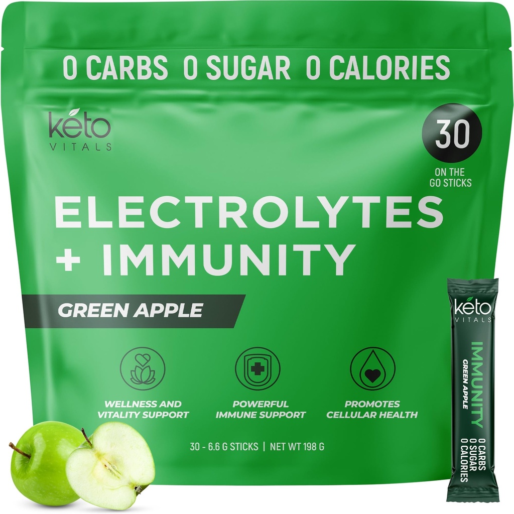 Keto Vitals Immunity Sugar Free Electrolytes Powder with Vitamin C, Ginger, Turmeric, & Elderberry - Boost Your Immunity System and Rehydrate Your Lichaam - Green Apple Flavor, 30 Tel.