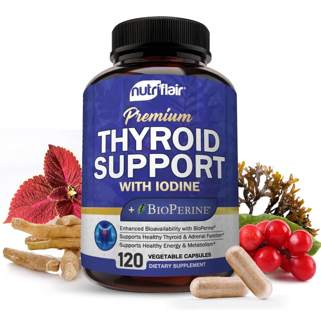 NutriFlair Thyroid Support Complex, 120 capsules - met Jodium, Black Pepper, Ashwagandha, Vitamine B12 - Schildklier Supplement voor vrouwen en mannen