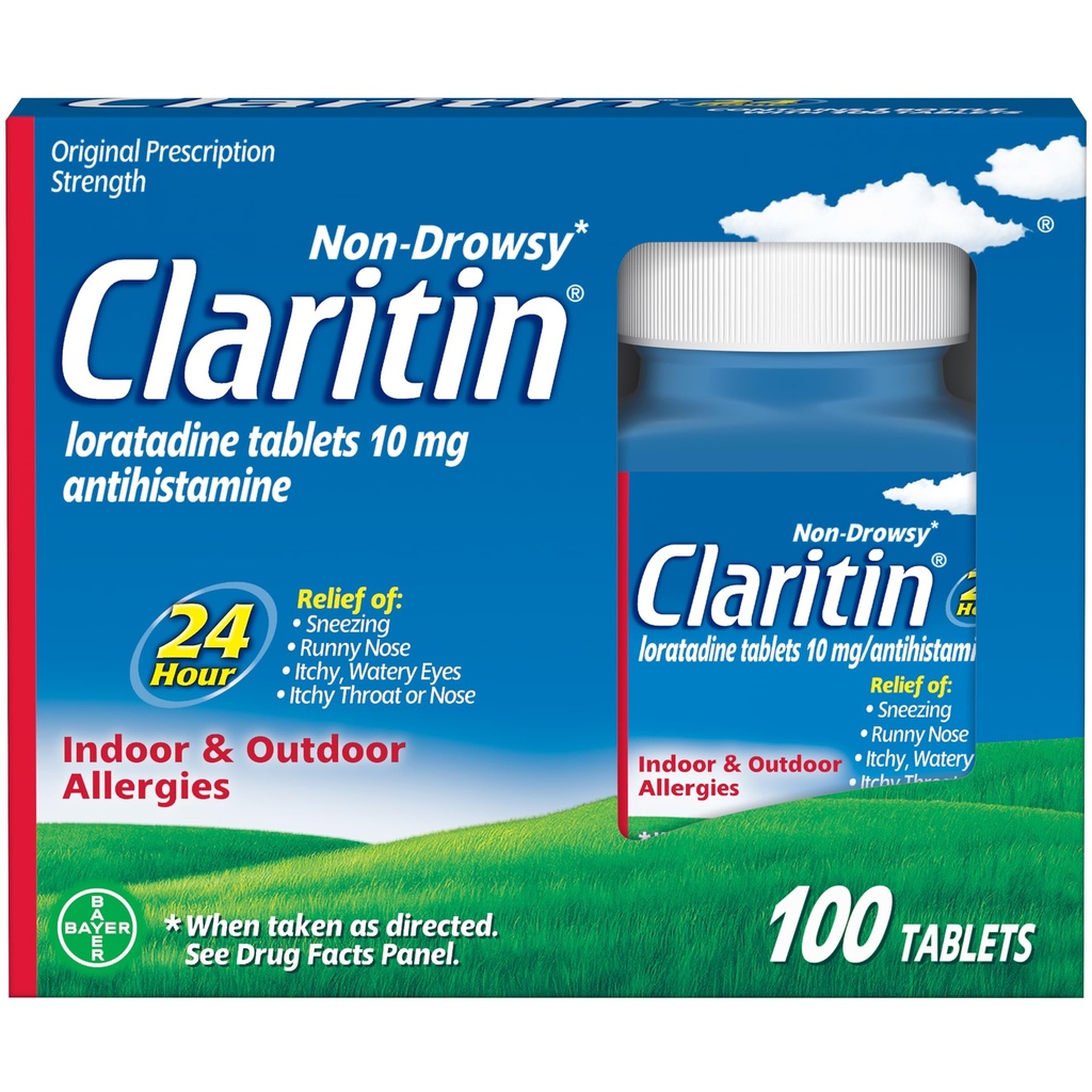 Claritin Allergie Médicament pour adultes, Loratadine non somnolente 24 heures sur 24 10mg Pilules, Antihistamine, 100 comprimés