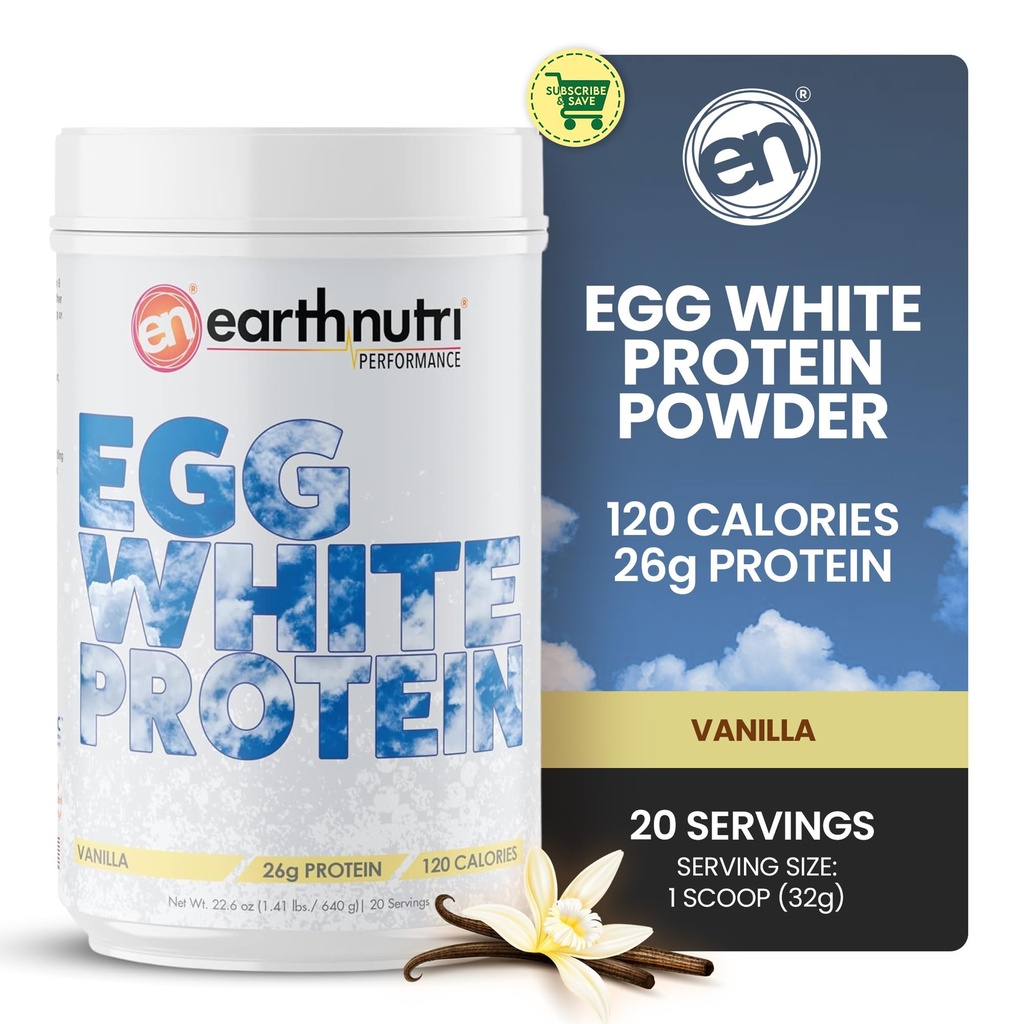 EarthNutri - Supplément en poudre de protéines blanches d'oeuf pour l'entraînement pré, intra ou post, 26g de protéines par portion, soutient la force musculaire et la récupération, aucun additif artificiel - Vanille 20 portions (640g)