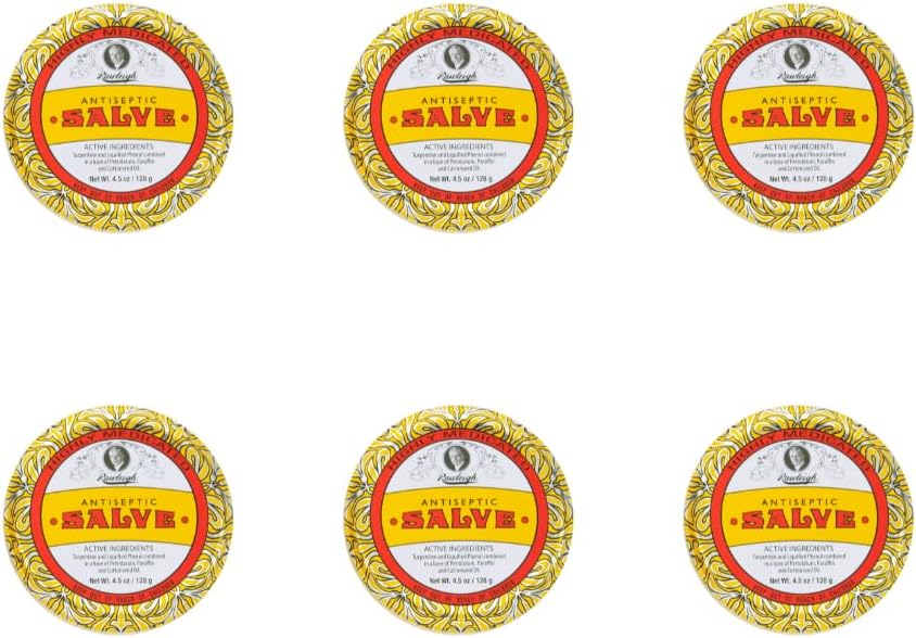 Rawleigh Antiseptisch Salve Iconic Yellow Big Tin: 4.5 oz, Multi-Purpose Ointment Soothes Cuts, Bruisen, Irritaties, met Turpentine, Fenol, Cottonseed Oil & Paraffine, Original Formula - Pack of 6