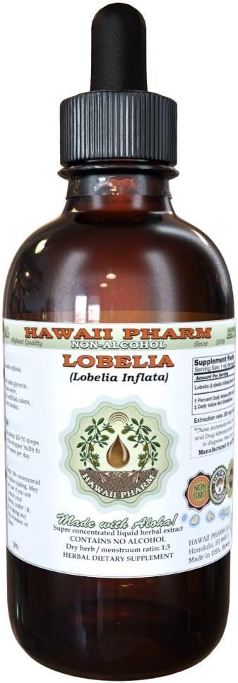 Lobelia Alcoholvrije Liquid Extract, Biologische Lobelia (Lobelia Inflata) Gedroogde kruiden Glycerite Hawaii Pharm Natural Kruidensupplement 4 oz