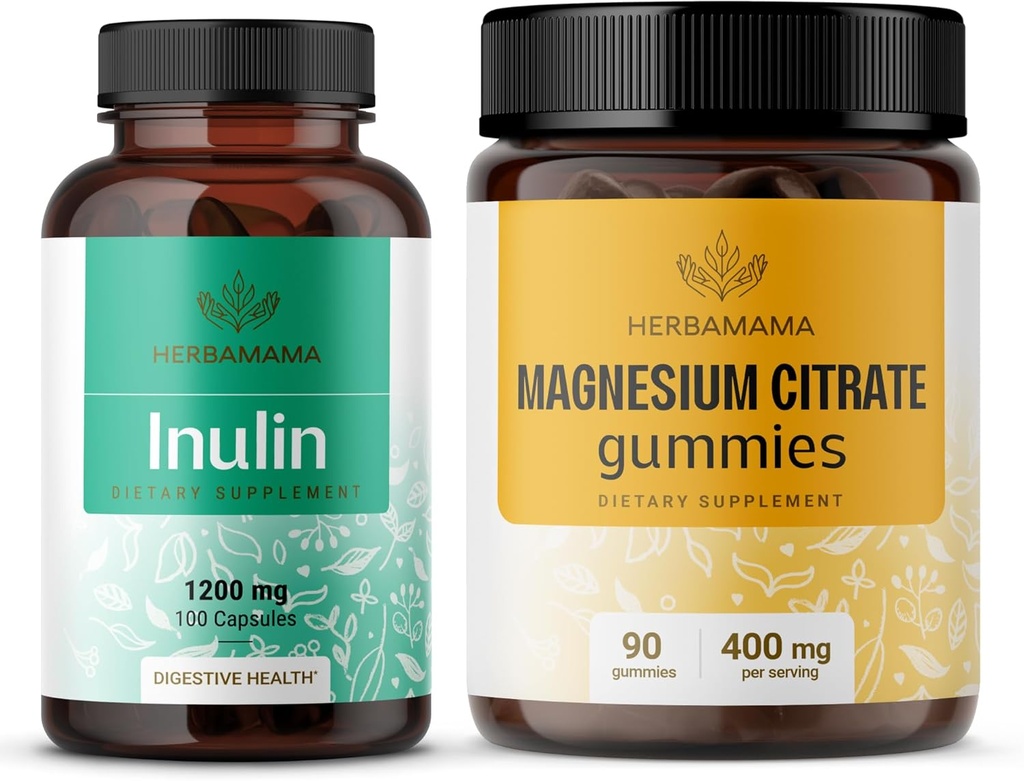 HERBAMAMA Inuline en Magnesium Kit - bundel van 1200 mg Inulin Fiber Capsules & 400 mg Magnesium Citrate Gummies - Vegan, Non-GMO, Gelatin-Free - 2 Pack