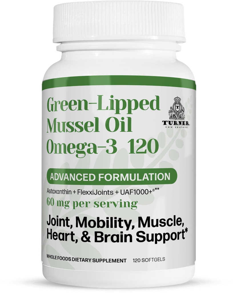 TURNER Nieuw-Zeeland Groene Lipped Omega-3 Mosselolie, 53x Hogere Potentie met UAF1000+ Super Antioxidant voor Superior Gezamenlijke Comfort & Mobiliteit, Geen Fishy Nasmaak, 1 Fles, 120 Softgels