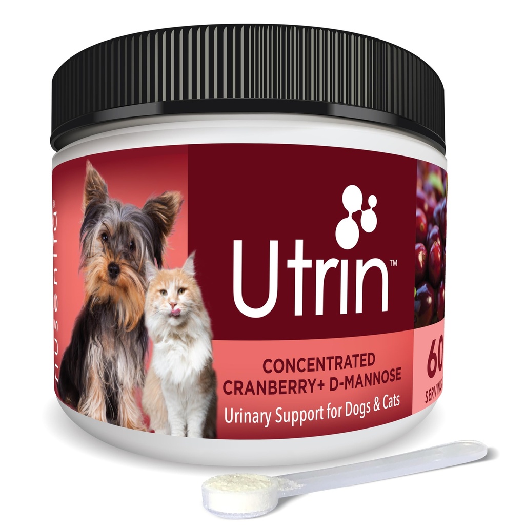 NUSENTIA UTRIN - Soutien urinaire pour les chats et les chiens - Canneberge à double action et mannose D - pour la santé naturelle, l'incontinence et les UTI récurrentes, 60 portions