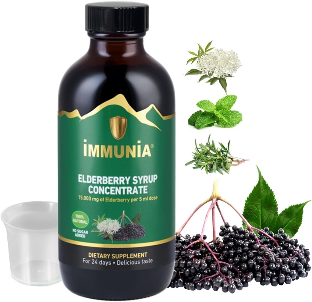 Immunia Elderberry Syrup helpt het immuunsysteem te versterken. Vlierbessen Concentraat met vlierbloesem, tijm en pepermunt. Geen suiker toegevoegd. Heerlijke smaak. 24 dagen / Bottle. (1-pack)