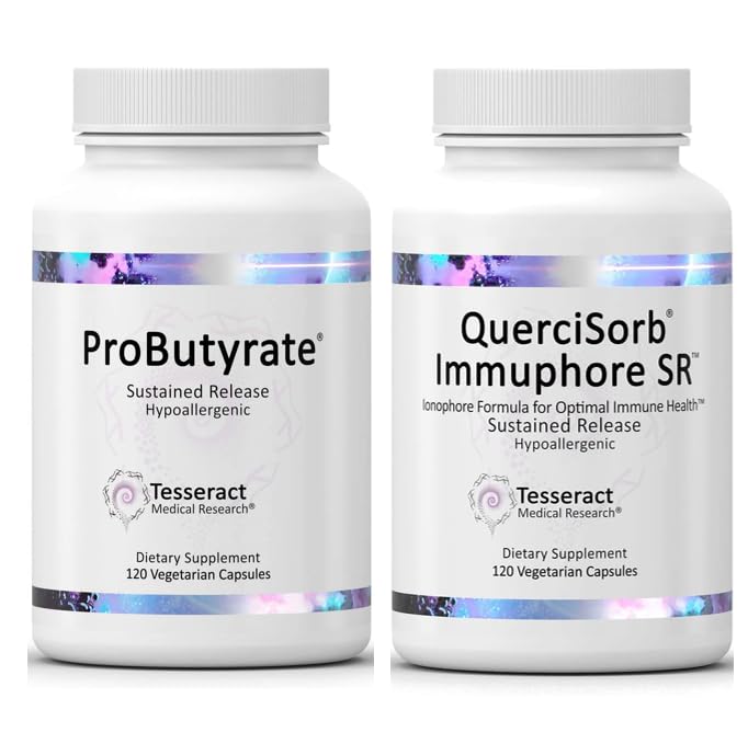Recherche médicale Tesseract Ultra Gut et Immune Health Combo, supplément de santé Gut complexe d'acide butyrique (120 capsules) et Quercetin, supplément de soutien immunitaire (120 capsules)