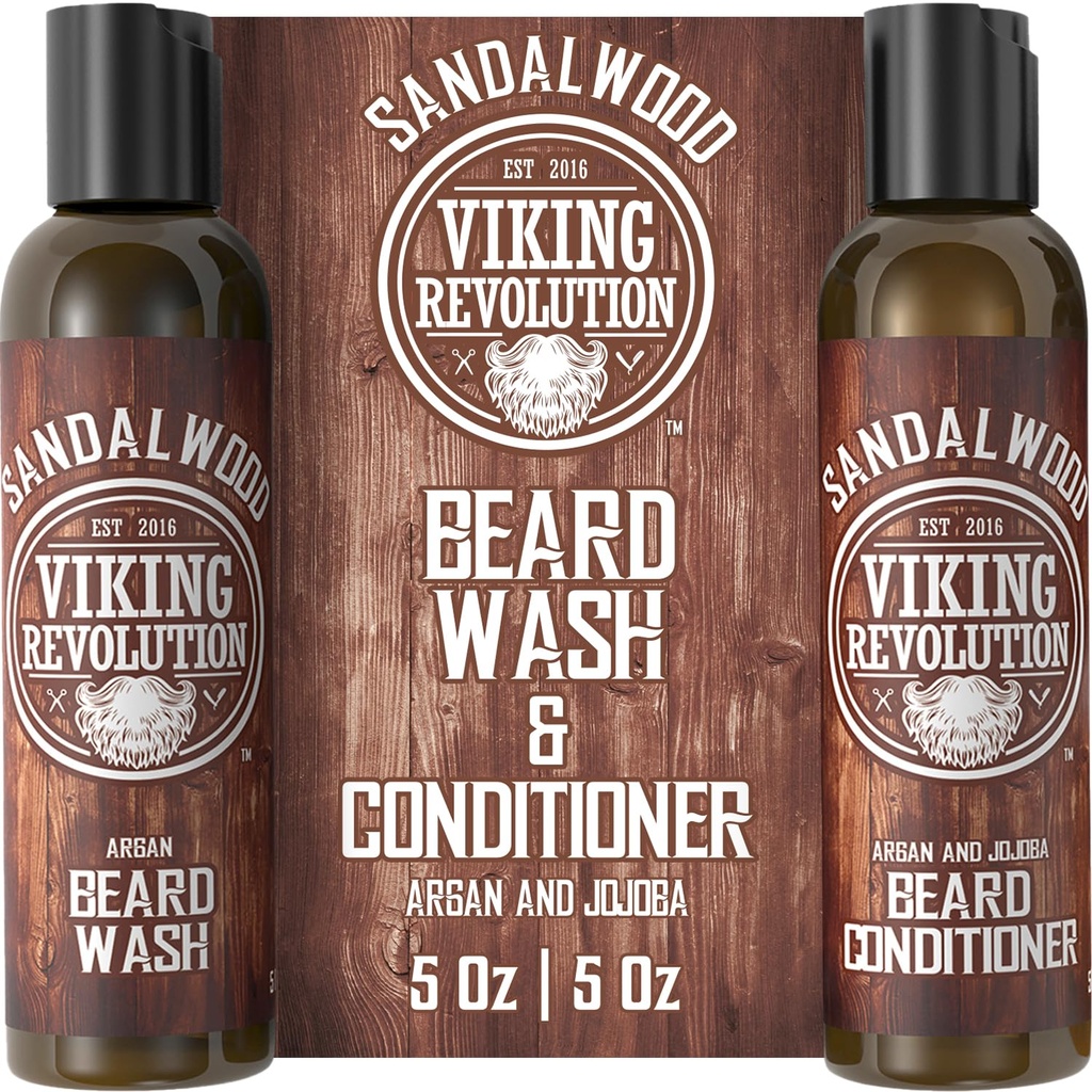 Viking Revolution Baard Wash & Baard Conditioner Set w/Argan & Jojoba Oils - Softens & Strengths - Natural Baard Shampoo w/Baardolie Sandalwood (5oz)