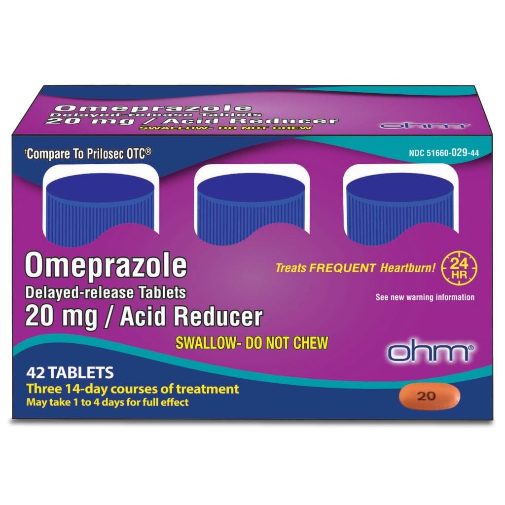 Ohm Omeprazole 20mg, 42 Comprimés à libération différée, Réducteur acide pour brûlures d'estomac fréquentes, médecine de secours 24 heures sur 24, aide à soulager l'estomac et le malaise thoracique (6semaines d'approvisionnement, 42, comte)