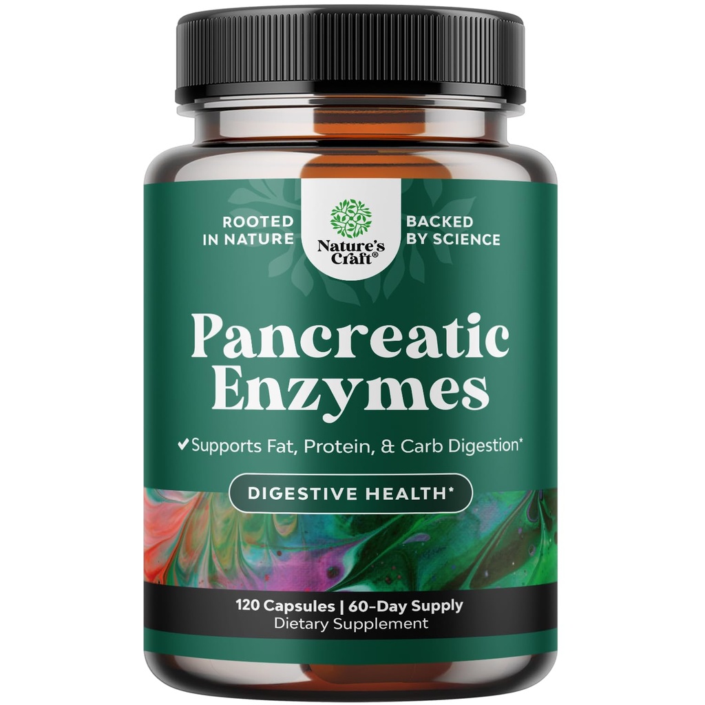 Natures Craft Pancreatin Enzymes digestifs pour la santé digestive - Enzymes pancréatiques pour les humains avec des glucides gras et des protéines femmes et hommes - Protease Amylase & Lipase Digestion -120ct