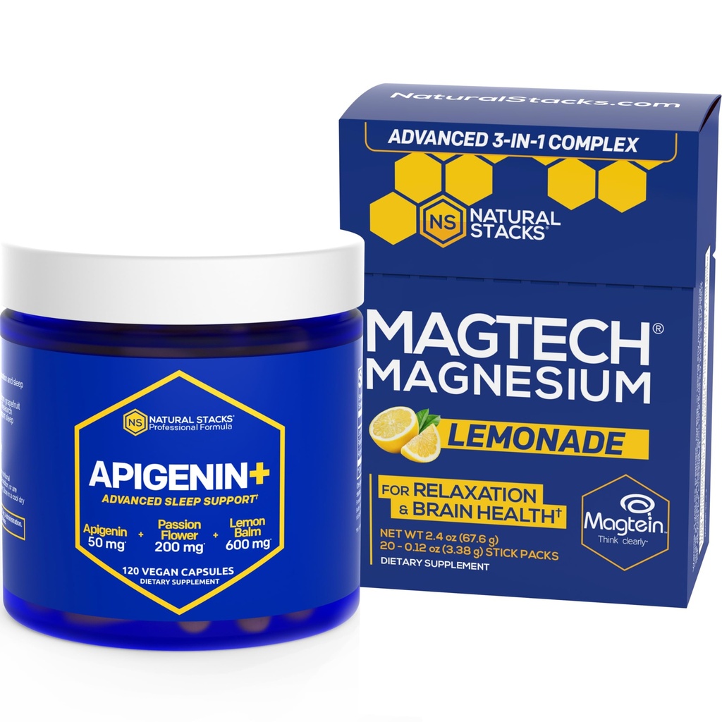 NATUURLIJKE STAKKEN Magtech Magnesium Drinkmix + APIGENIN+ Supplement Bundle - Ondersteunt ontspannen, Hersengezondheid & Slapen* - 80 porties