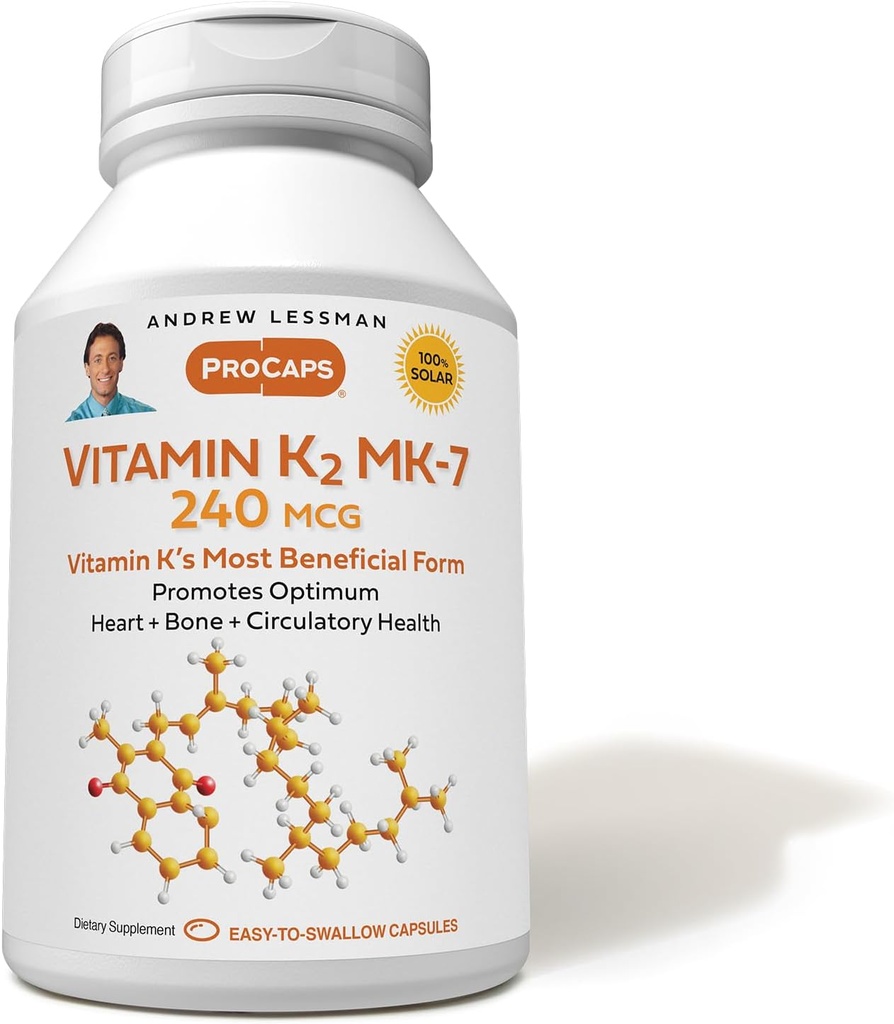 ANDREW LESSMAN Vitamine K2 MK7 240 mcg 60 Softgels - Essentieel voor gezond calciumgebruik, bevordert optimale skelet, hart en arteriële gezondheid. Geen additieven. Klein Makkelijk doorslikken Softgels