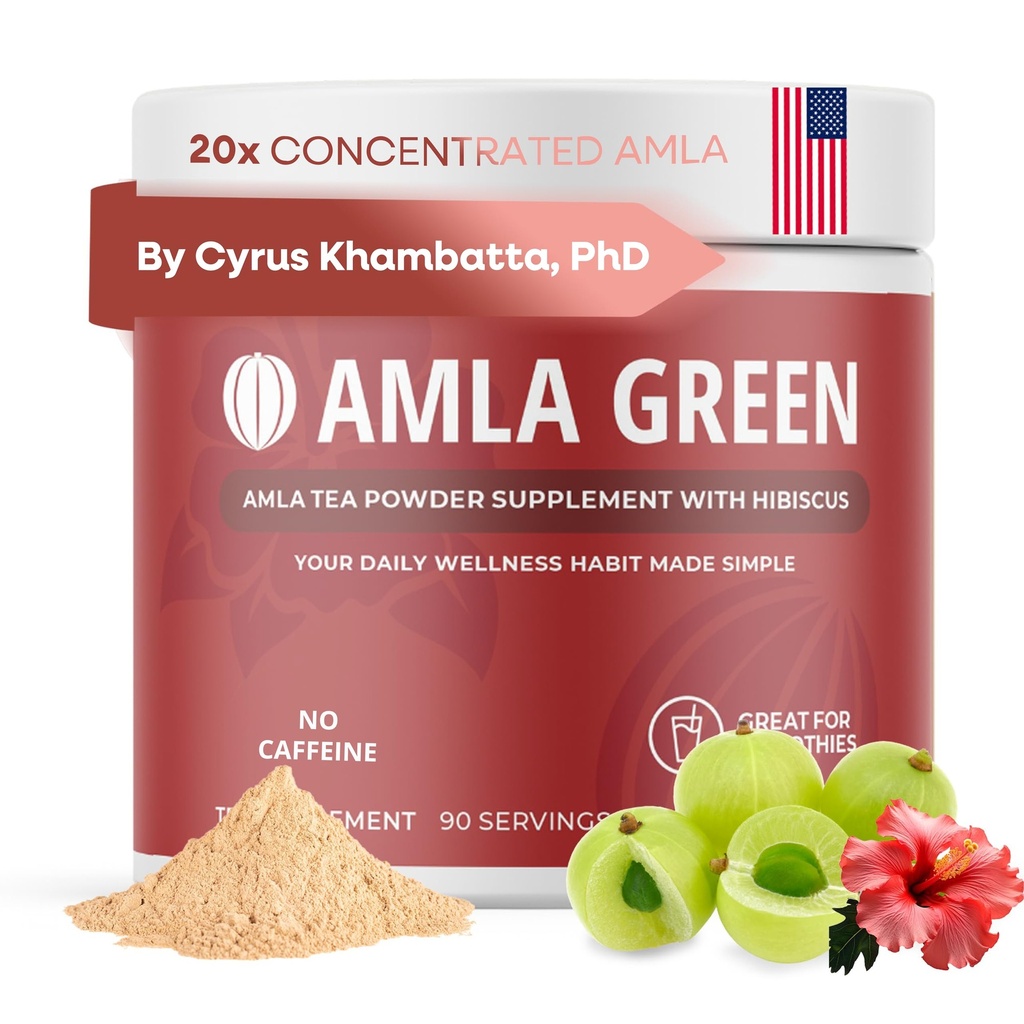Amla Powder & Green Tea Superfood Supplement met Hibiscus, 20x Ultra Concentrated Amla, Antioxidant Support, Gemaakt met Oolong Thee en Indiase kruisbessen, Biologische, Vegan, Hibiscus, 90 Servers