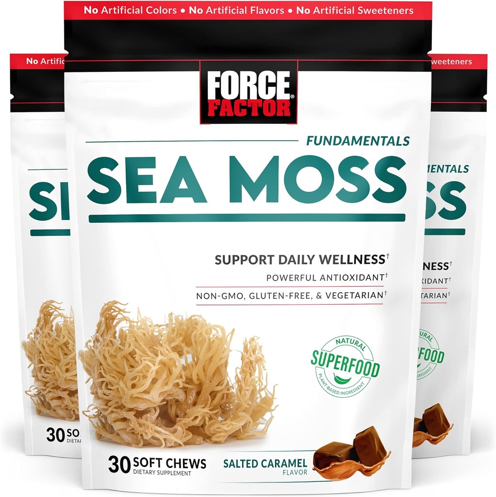 FORCE FACTOR Sea Moss Zachte Kauwen, Ondersteuning Immuniteit, Digestie, en Hart Gezondheid, Ierse Zee Mos Superfood & Antioxidanten Supplement, Non-GMO, Glutenvrije, Gezouten Karamel smaak, 90 Zachte Kauwen, 3-pack