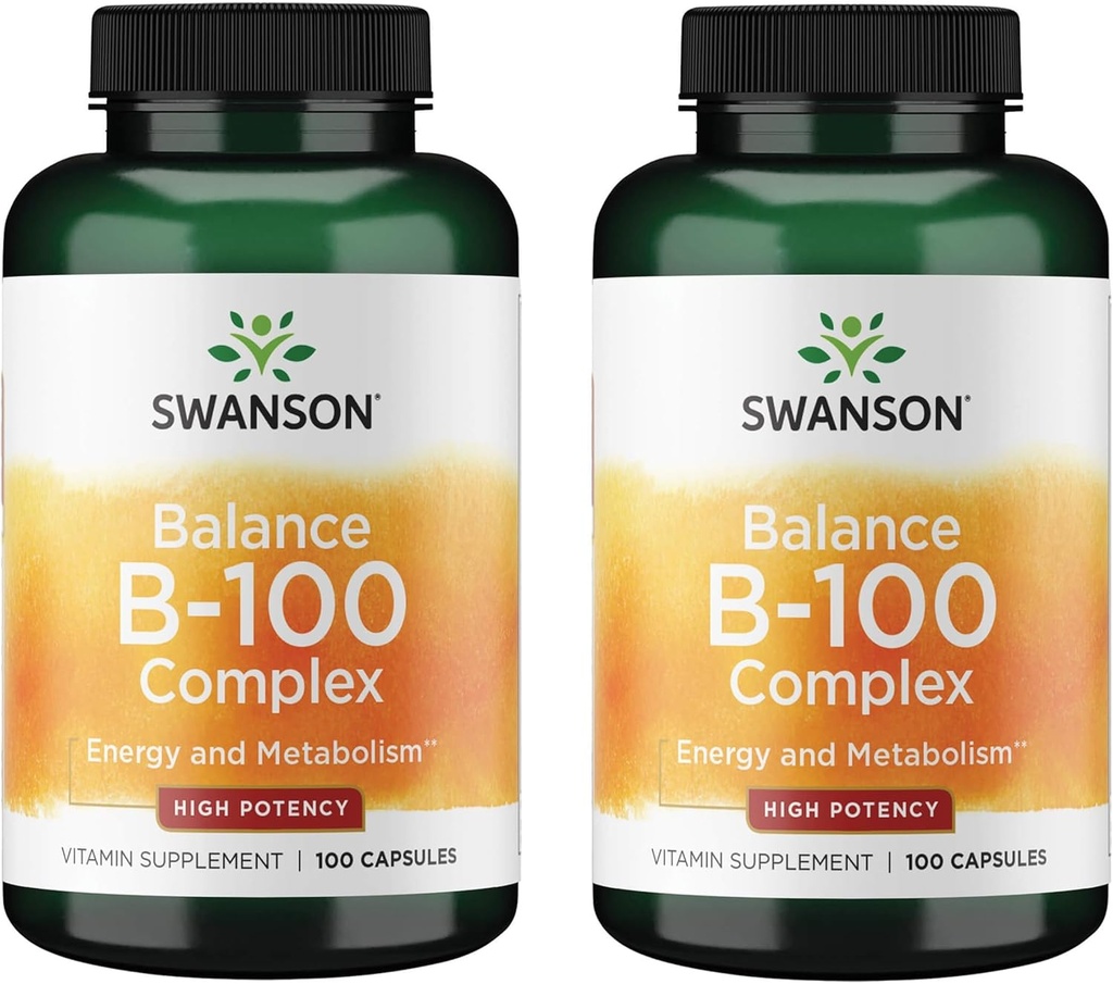 Swanson Vitamine B-100 - Vitaminesupplement ter bevordering van de ondersteuning van energie en stofwisseling - hoge sterkte Formule ter ondersteuning van de gezondheid van het hart, de gezondheid van het brein en de zenuwfunctie - (100 capsules) (2 verpakkingen)