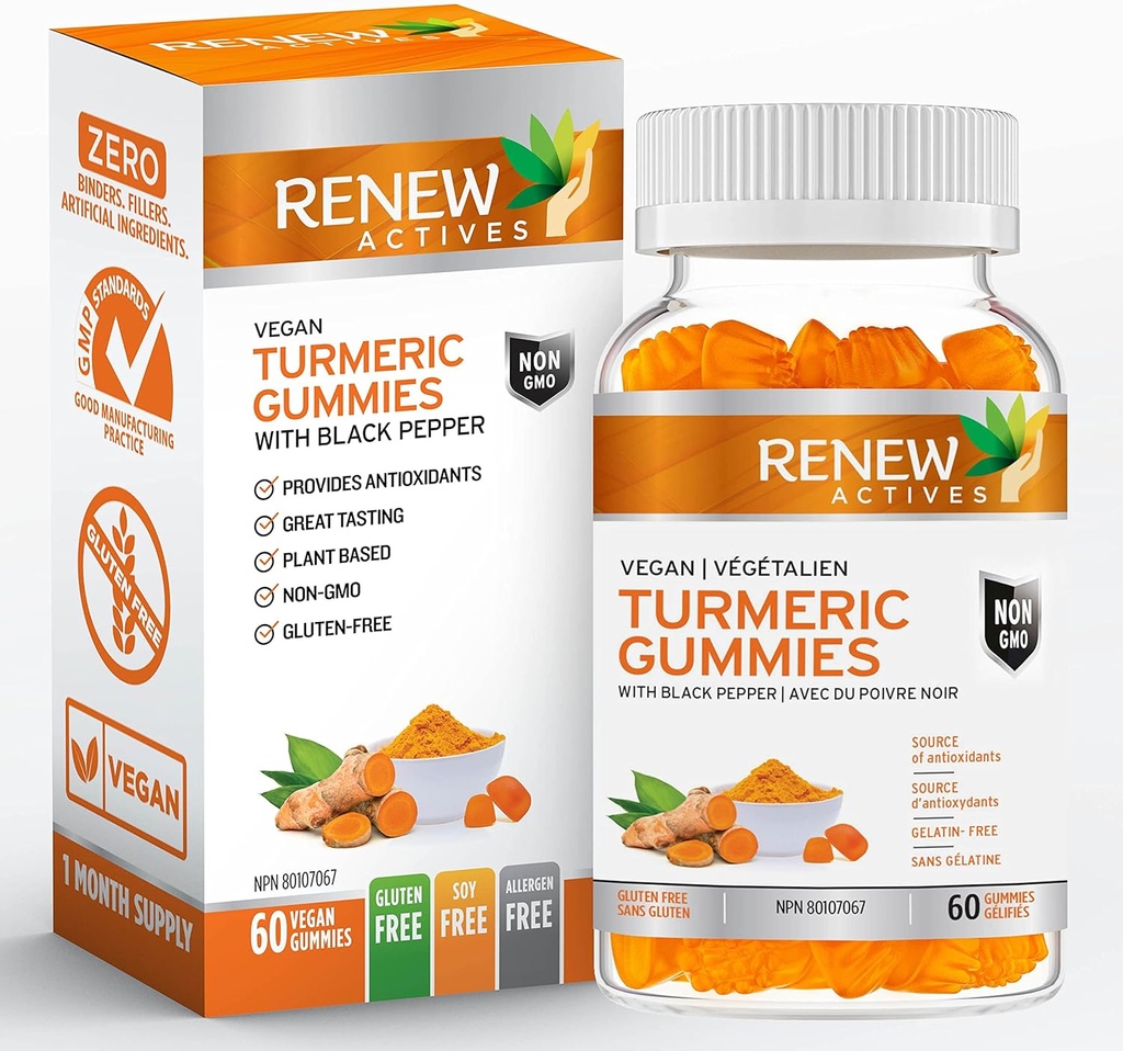 RENEW ACTIVES Vegan Turmeric 130MG per 2 Gummies met zwarte peper voor verbeterde absorptie 