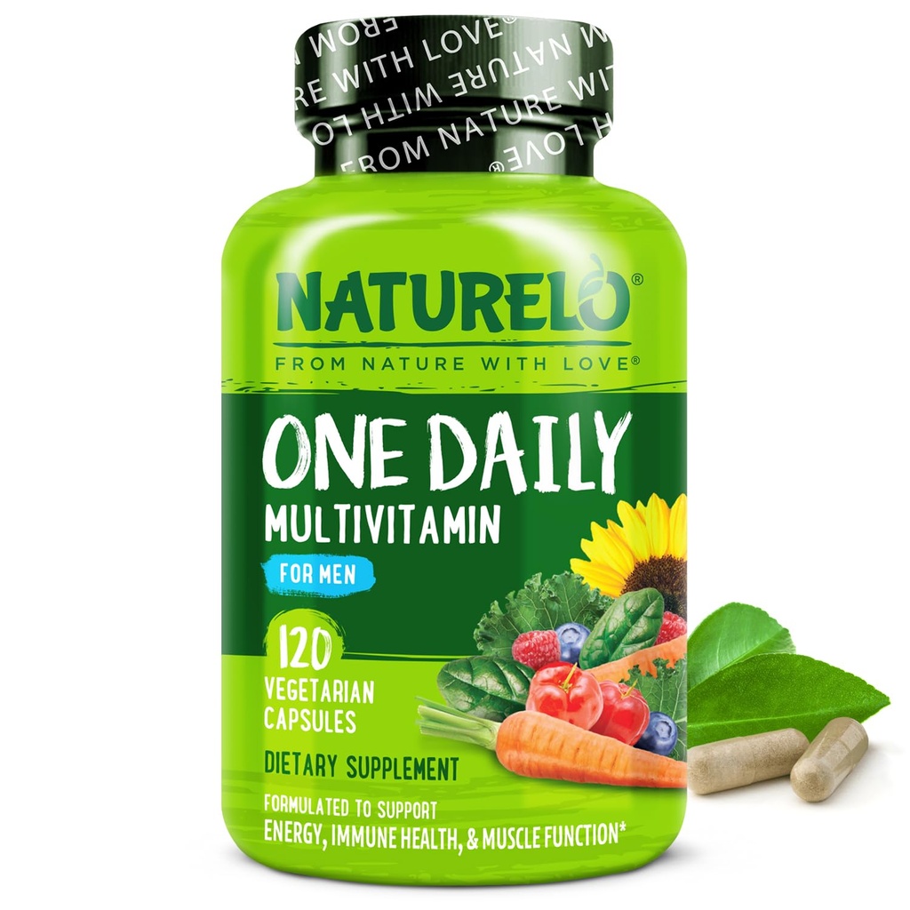 NATURELO Heren Multivitaminen - Een dagelijkse multivitamine voor mannen met vitamines, mineralen en biologische hele voedingsmiddelen, Boost Energy & Health, Non-GMO, 120 Vegetarische Capsules