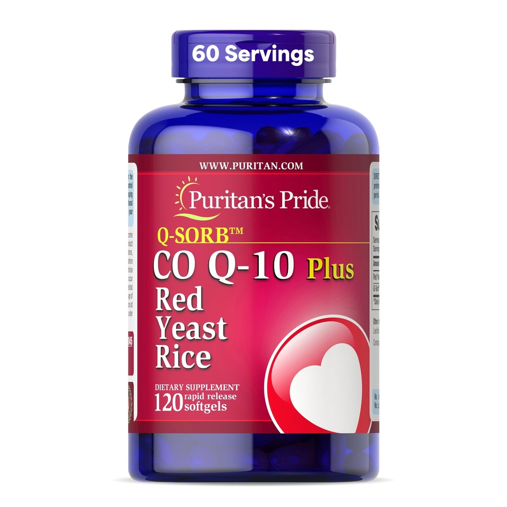 Puritan's Pride Q-SorbTM Coenzyme CoQ10 Dieetsupplement voor de gezondheid van het hart, Orale Gum Gezondheid en Gezonde Veroudering Ondersteuning, Plus Red Gist Rijst voor verbeterde spijsvertering, 120 Rapid Release Softgels