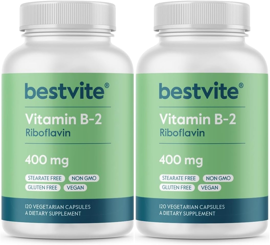 BESTVITE Vitamine B-2 (Riboflavine) 400 mg (240 Vegetarische Capsules) (120 x 2) - Geen Stearates - Veganistisch - Niet GGO - Glutenvrij