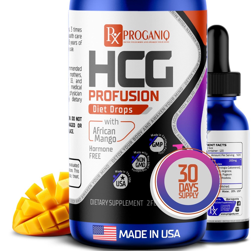 X PROGANIQ Profusion HCG gouttes - Formule avancée de gestion du poids avec la mangue africaine - Hormone gouttes gratuites pour les femmes et les hommes - Fabriqué aux États-Unis - HCG gouttes pour la gestion du poids - 30 jours d'approvisionnement