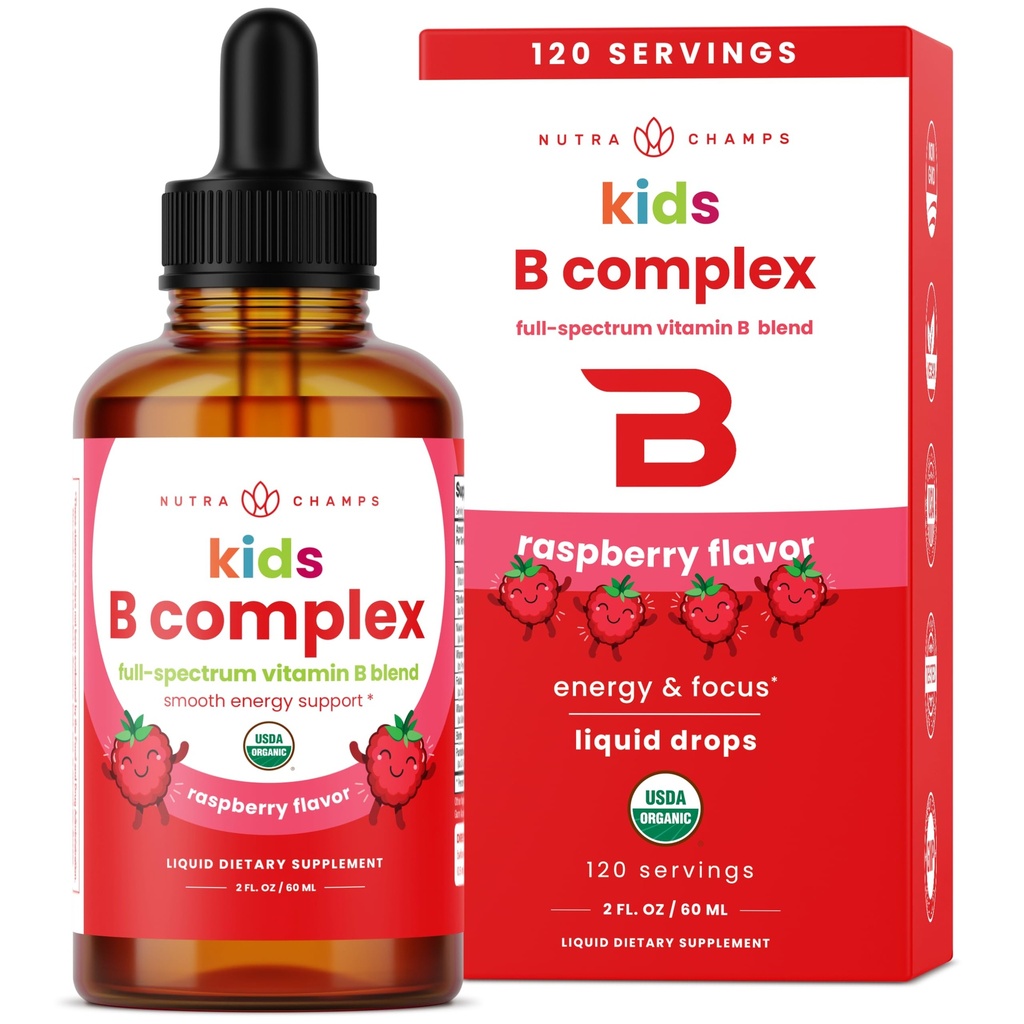 NutraChamps Vitamine B Complex voor kinderen, B1, B2, B3, B6, B7, B9 & Methyl B12, Kids B Complex Liquid Drops Supplement, Energie, Focus, Metabolisme, Natuurlijke Berry, 120 porties, 4 maanden levering