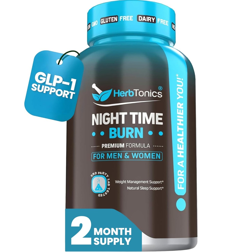 Herbtonics Night Time Burn & Sleep Complex ondersteunt 's nachts metabolisme, stress verlichting en diepe slaap. Inclusief Melatonine, Valeriaan en Groene Thee 