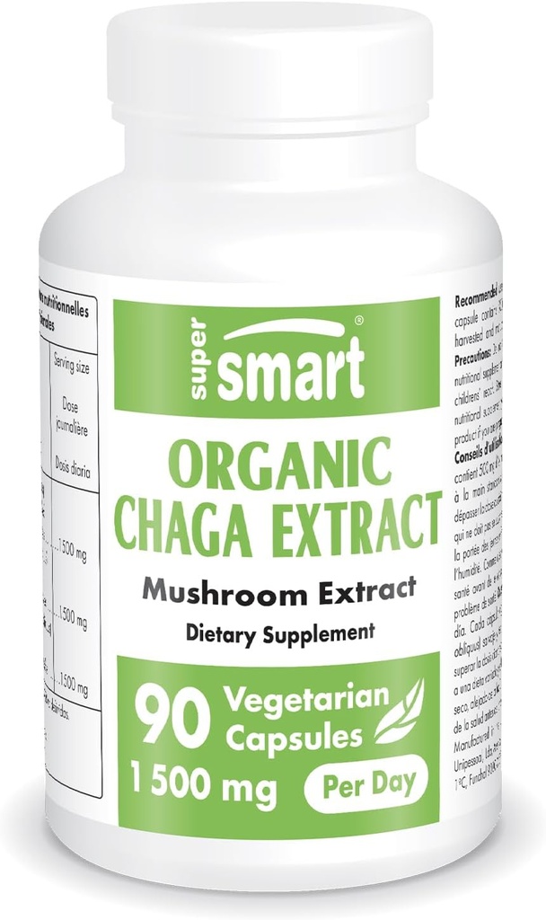 Extrait de Chaga biologique SuperSmart 1500mg par jour (haute force) - Supplément de champignons de Chaga piqués à la main et sauvage - 90 Capsules végétariennes