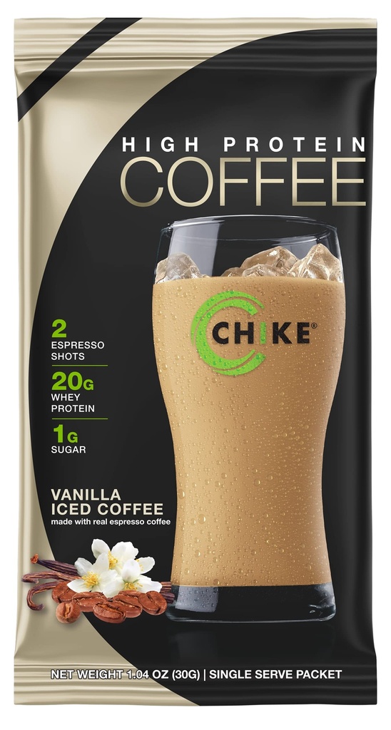 CHIKE Vanille High Protein Iced Koffie, 20 G Proteïne, 2 Shots Espresso, 1 G Suiker, Keto Vriendelijk en Glutenvrij, 12 Single Serve Packets