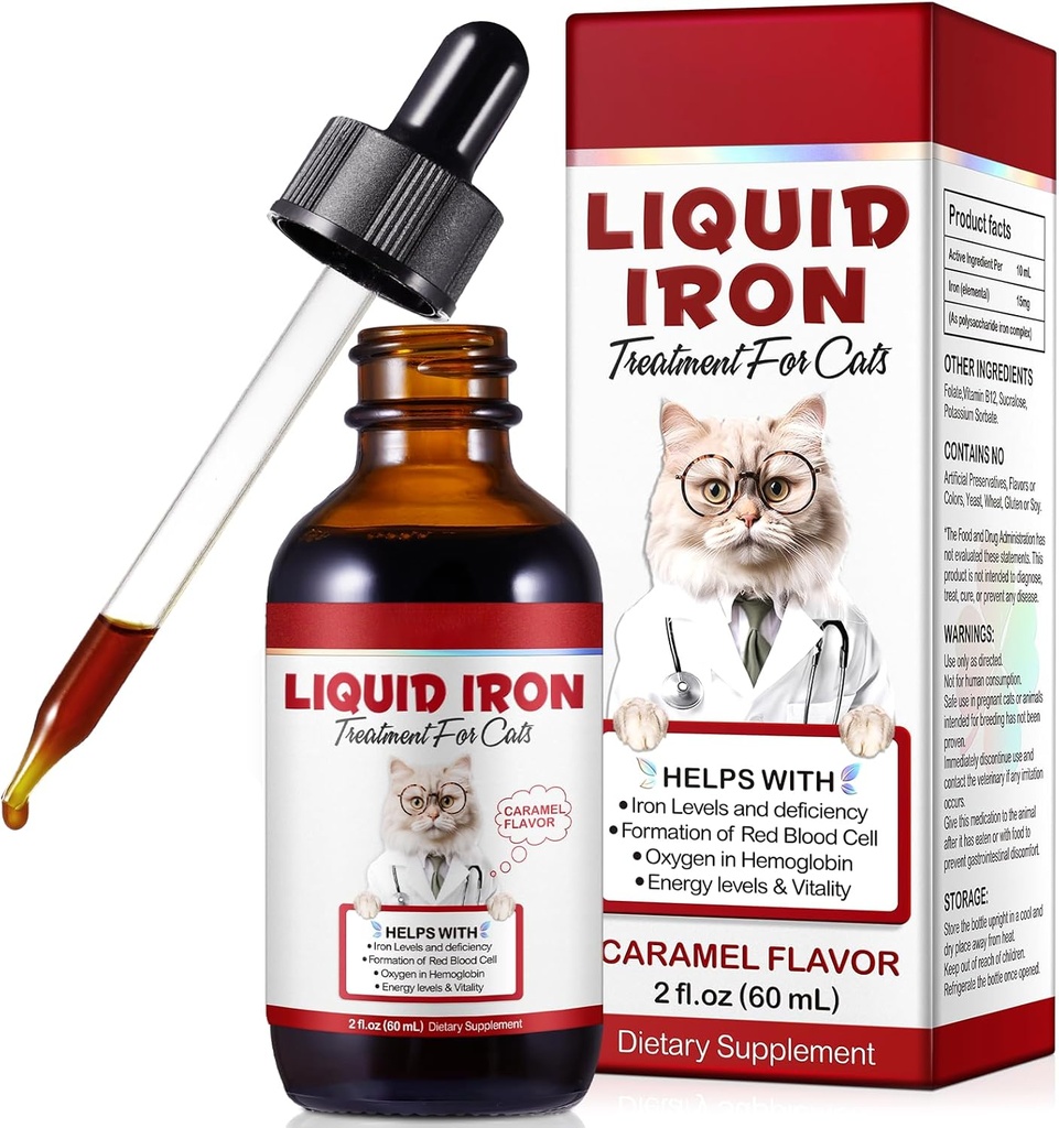 IJzersupplementen voor katten, 60ML vloeibaar ijzer met Folaat en B12 Ondersteunt anemie, lage enery niveaus en lethargy, bevordert rode bloedcel vorming en bloedgezondheid