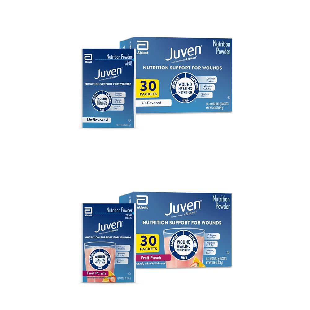 Juven Therapeutic Nutrition Drink Mix Powder for Wound Healing, comprend des protéines de collagène, 30 non aromatisés et un punch fruit 30