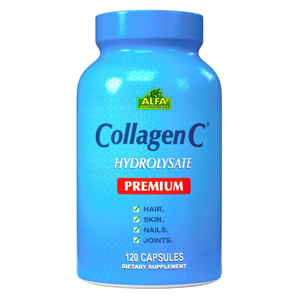 ALFA VITAMINS CollageenC Hydrolysaat Premium Dieetsupplement met vitamine C, ondersteunt huid, haar, nagels & bot gezondheid, verbetert de productie van collageen, collageen peptoden voor verjonging,120 capsules