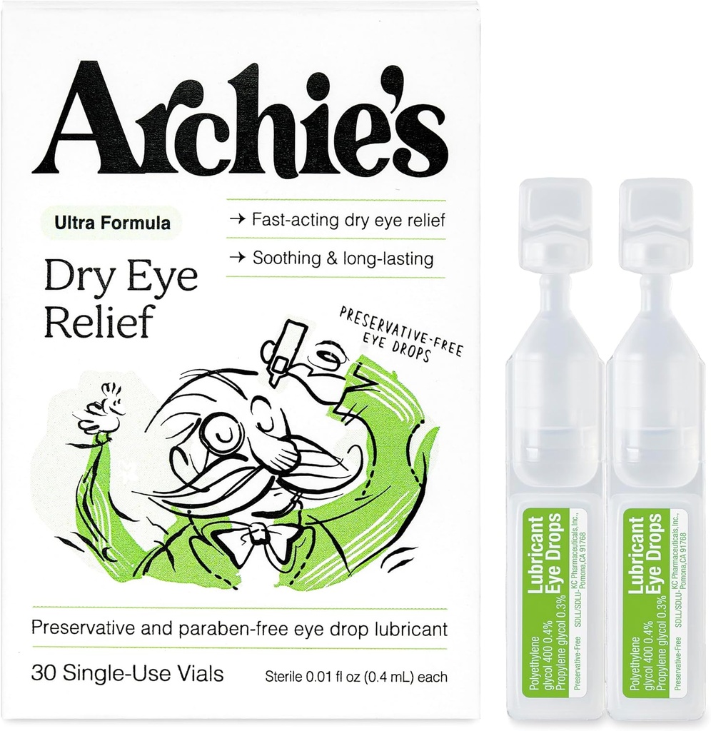 Archie's Remedies, Dry Eye Relief, Ultra Smeer Eye Drops, Clean Formula and Conservative-Free Vials, Single-Use, voor Irritation and Red Eyes, Natural Tears, 30 Tellen