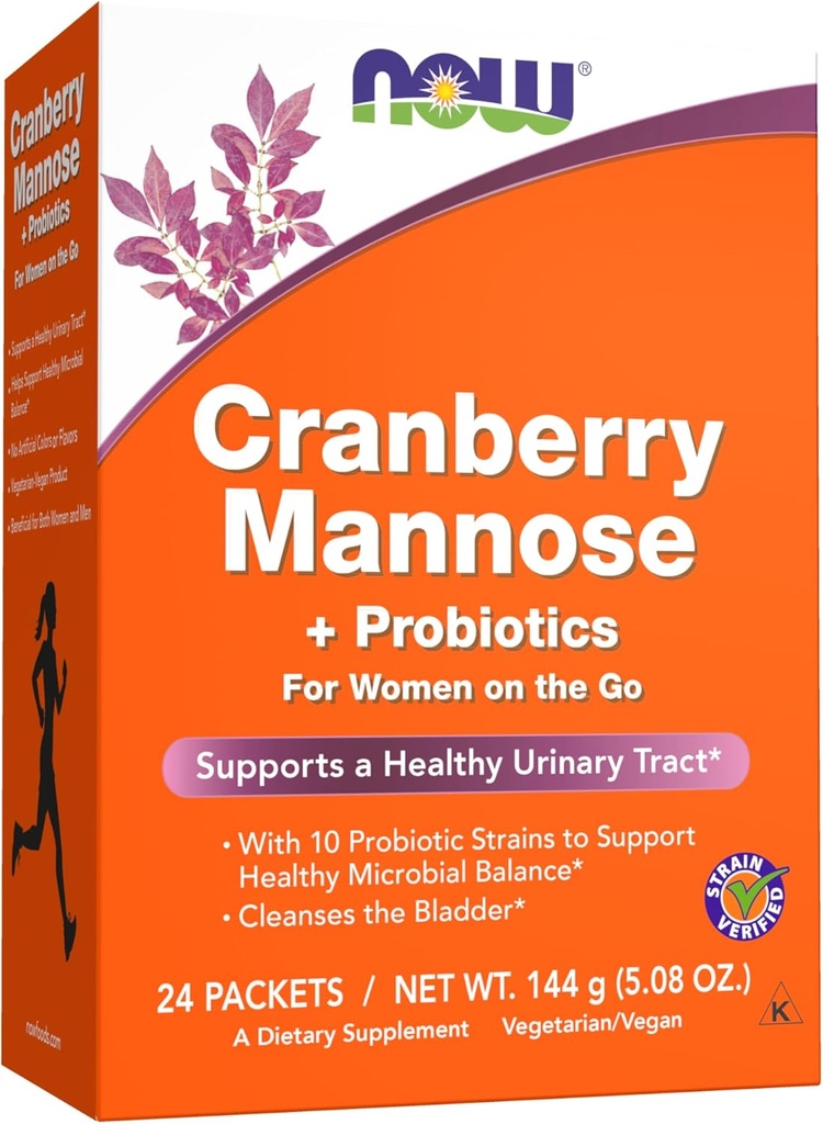NOW Supplementen, Cranberry Mannose + Probiotica met een mix van 10 Probiotische Bacteriële Strains, 24/Box